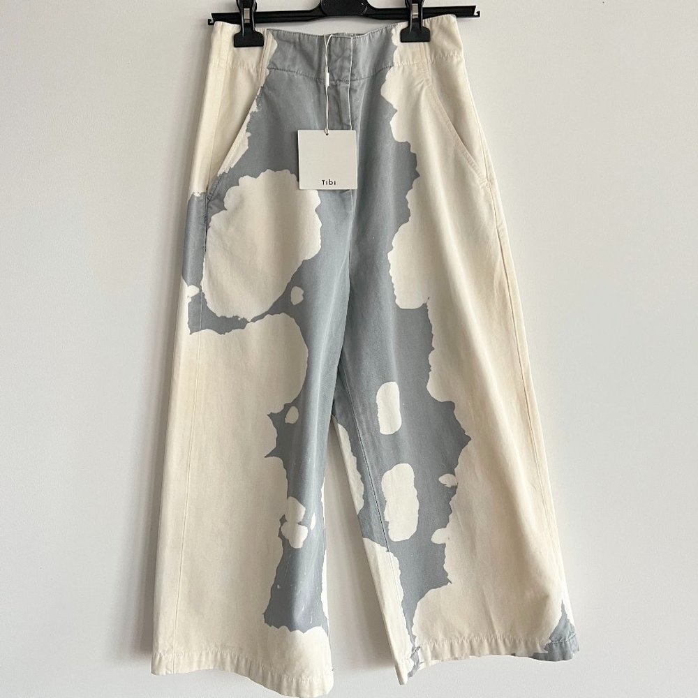 Tibi Garment Dyed Twill Cropped pants, gray/blue/cream, size 4